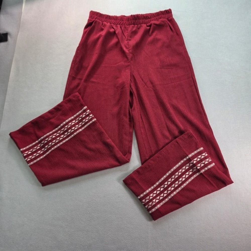 White Mark Burgundy Textured Wide Leg Palazzo Pants XL Embroidered Hem 565-03